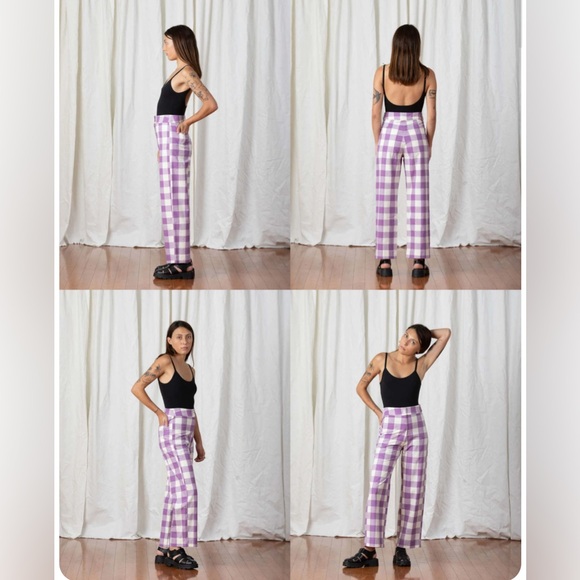 ALI GOLDEN Silk Fly Front Pant Lilac Plaid Small Purple White Check EUC Like New - Picture 2 of 16